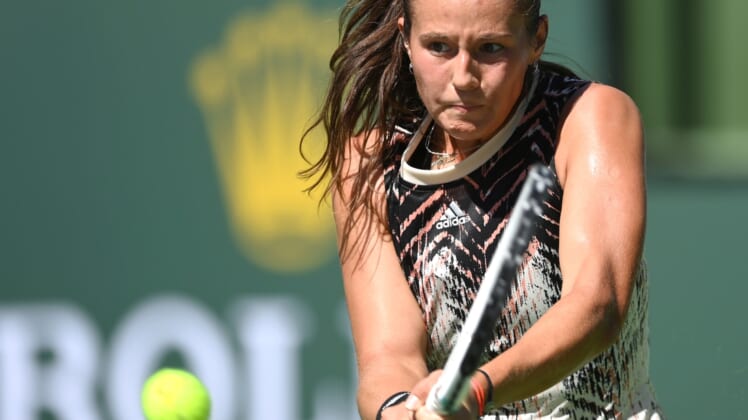 Oct 11, 2021; Indian Wells, CA, USA; Daria Kasatkina (RUS) hits a shot during her third round match against Angelique Kerber (GER) in the BNP Paribas Open  at the Indian Wells Tennis Garden. Mandatory Credit: Jayne Kamin-Oncea-USA TODAY Sports