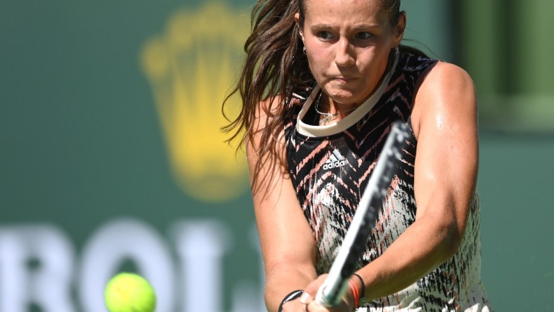 Oct 11, 2021; Indian Wells, CA, USA; Daria Kasatkina (RUS) hits a shot during her third round match against Angelique Kerber (GER) in the BNP Paribas Open  at the Indian Wells Tennis Garden. Mandatory Credit: Jayne Kamin-Oncea-USA TODAY Sports