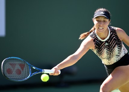 Oct 12, 2021; Indian Wells, CA, USA; Jessica Pegula (USA) hits a shot against Elina Svitolina (UKR) during a fourth round match match in the BNP Paribas Open at the Indian Wells Tennis Garden. Mandatory Credit: Jayne Kamin-Oncea-USA TODAY Sports