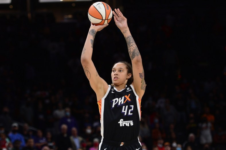 Oct 13, 2021; Phoenix, Arizona, USA; Phoenix Mercury center Brittney Griner (42) shoots against the Chicago Sky during the first half of game two of the 2021 WNBA Finals at Footprint Center. Mandatory Credit: Joe Camporeale-USA TODAY Sports