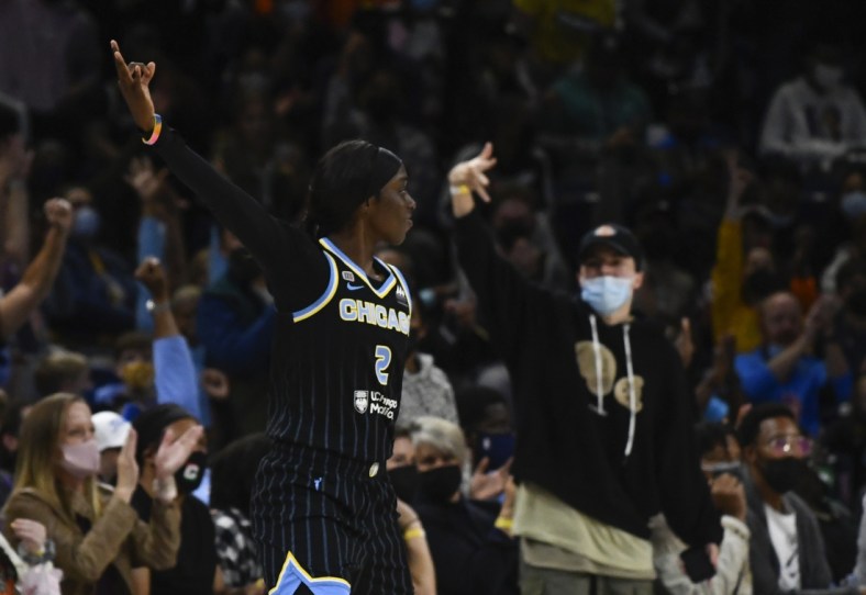 Oct 15, 2021; Chicago, Illinois, USA; Chicago Sky guard/forward Kahleah Copper (2) after scoring a three point basket during the first half of game three of the 2021 WNBA Finals against the Phoenix Mercury at Wintrust Arena. Mandatory Credit: Matt Marton-USA TODAY Sports