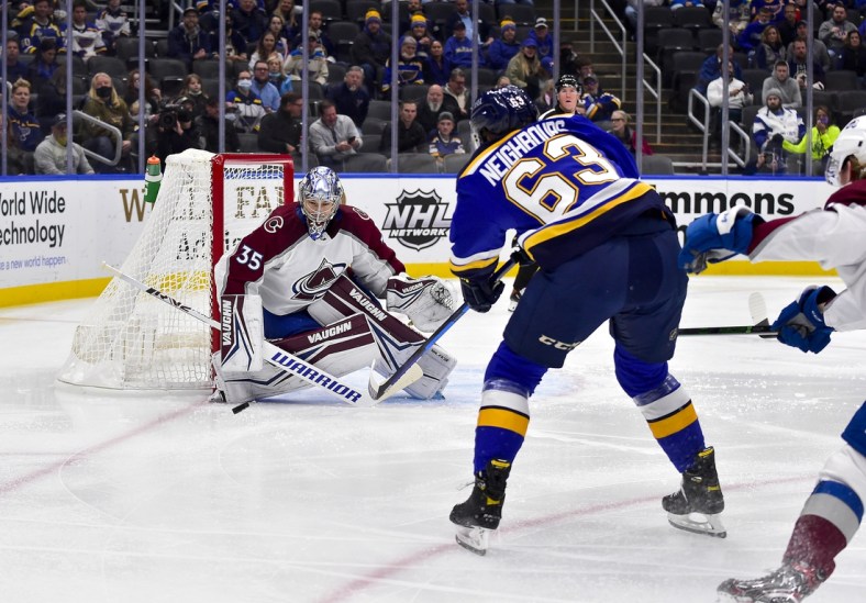 Oct 28, 2021; St. Louis, Missouri, USA;  Colorado Avalanche goaltender Darcy Kuemper (35) defends the net against St. Louis Blues left wing Jake Neighbours (63) during the first period at Enterprise Center. Mandatory Credit: Jeff Curry-USA TODAY Sports