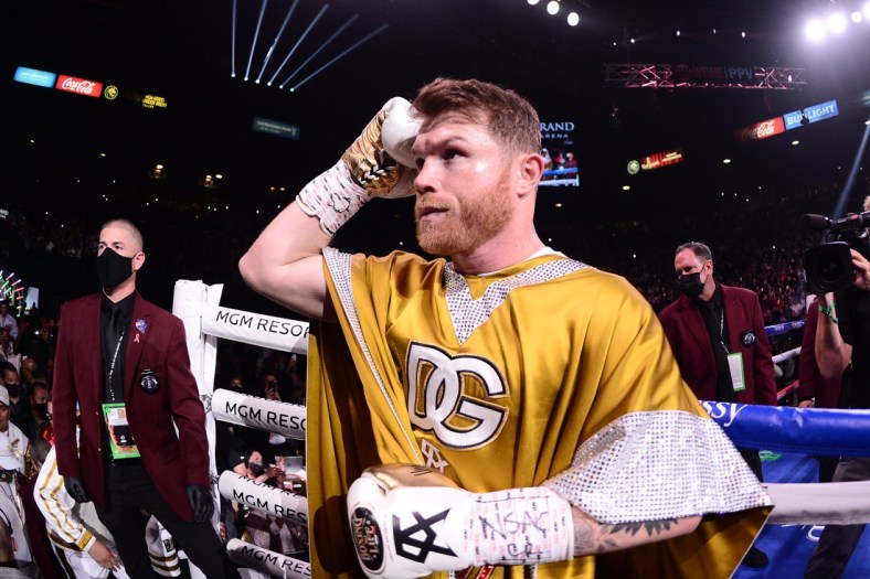 Nov 6, 2021; Las Vegas, Nevada, USA; Canelo Alvarez enters the ring to face Caleb Plant in their undisputed super middleweight world championship boxing match at MGM Grand Garden Arena. Mandatory Credit: Joe Camporeale-USA TODAY Sports