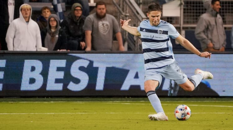Oct 27, 2021; Kansas City, Kansas, USA; Sporting Kansas City defender Luis Martins (36) controls the ball against the Los Angeles Galaxy during the game at Children's Mercy Park. Mandatory Credit: Denny Medley-USA TODAY Sports