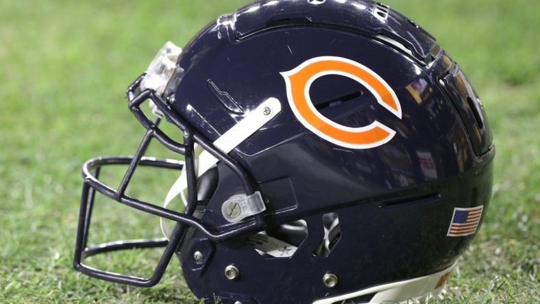 Nov 8, 2021; Pittsburgh, Pennsylvania, USA;  A Chicago Bears helmet is seen on the field before the Bears play the Pittsburgh Steelers at Heinz Field. Mandatory Credit: Charles LeClaire-USA TODAY Sports