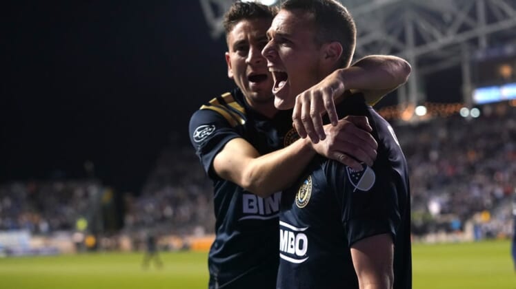Nov 28, 2021; Philadelphia, Pennsylvania, USA; Philadelphia Union midfielder Deniel Gazdag (front) celebrates after scoring a goal against the Nashville SC during the first half in the conference semifinals of the 2021 MLS playoffs at Subaru Park. Mandatory Credit: Bill Streicher-USA TODAY Sports