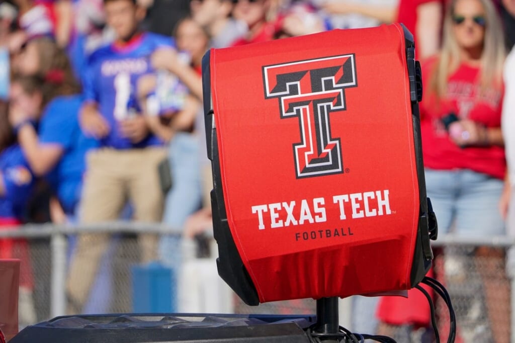Oct 16, 2021; Lawrence, Kansas, USA; A general view of the Texas Tech Red Raiders logo against the Kansas Jayhawks during the game at David Booth Kansas Memorial Stadium. Mandatory Credit: Denny Medley-USA TODAY Sports