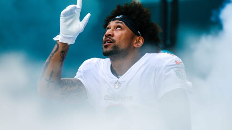 Nov 28, 2021; Miami Gardens, Florida, USA; Miami Dolphins wide receiver Albert Wilson (2) reacts as he takes on the field prior the game against the Carolina Panthers at Hard Rock Stadium. Mandatory Credit: Sam Navarro-USA TODAY Sports