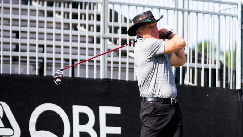 Greg Norman takes a swing during the QBE Shootout Pro-Am on Wednesday, Dec. 8, 2021 at the Tibur  n Golf Club in Naples, Fla.

Ndn 20211208 Qbe Shootout Pro Am 0100