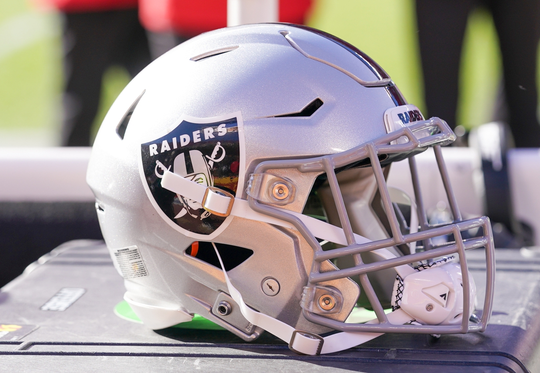 Dec 12, 2021; Kansas City, Missouri, USA; A general view of a Las Vegas Raiders helmet against the Kansas City Chiefs during the first half at GEHA Field at Arrowhead Stadium. Mandatory Credit: Denny Medley-USA TODAY Sports