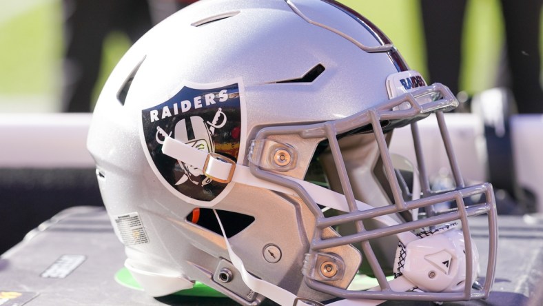 Dec 12, 2021; Kansas City, Missouri, USA; A general view of a Las Vegas Raiders helmet against the Kansas City Chiefs during the first half at GEHA Field at Arrowhead Stadium. Mandatory Credit: Denny Medley-USA TODAY Sports