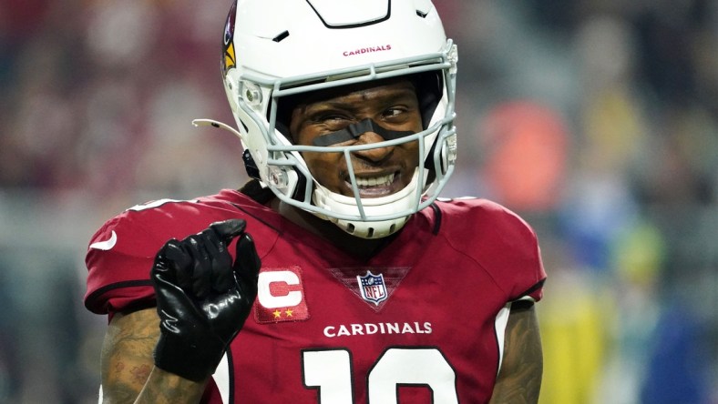 Dec 13, 2021; Glendale, Arizona, USA; Arizona Cardinals wide receiver DeAndre Hopkins (10) reacts to a penalty against the Los Angeles Rams at State Farm Stadium. Mandatory Credit: Rob Schumacher-Arizona Republic

Nfl Los Angeles Rams At Arizona Cardinals