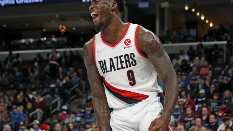 Dec 19, 2021; Memphis, Tennessee, USA; Portland Trail Blazers forward Nassir Little (9) reacts after a dunk during the first half against the Memphis Grizzles at FedExForum. Mandatory Credit: Petre Thomas-USA TODAY Sports