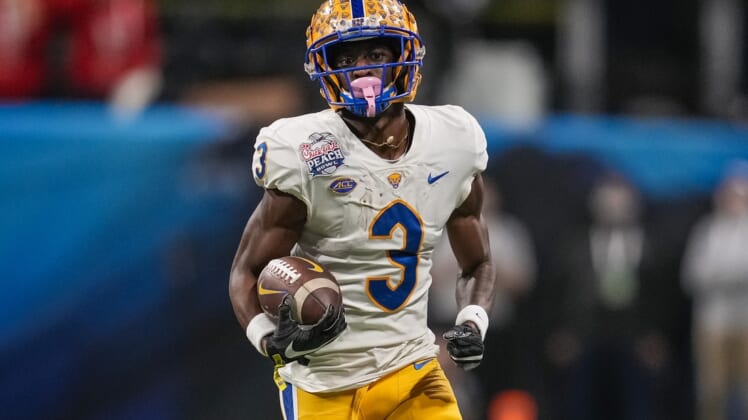 Dec 30, 2021; Atlanta, GA, USA; Pittsburgh Panthers wide receiver Jordan Addison (3) runs after a catch against the Michigan State Spartans at Mercedes-Benz Stadium. Mandatory Credit: Dale Zanine-USA TODAY Sports