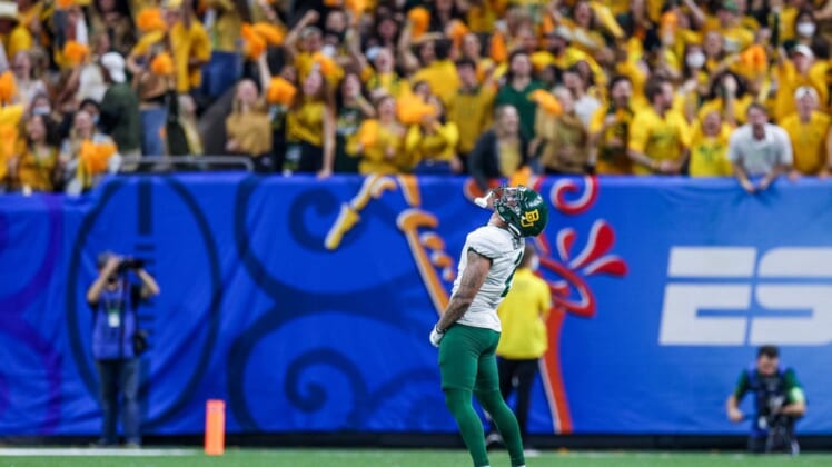 Jan 1, 2022; New Orleans, LA, USA; Baylor Bears linebacker Terrel Bernard (2) reacts to a play against the Mississippi Rebels during the second half of the 2022 Sugar Bowl at Caesars Superdome. Mandatory Credit: Stephen Lew-USA TODAY Sports