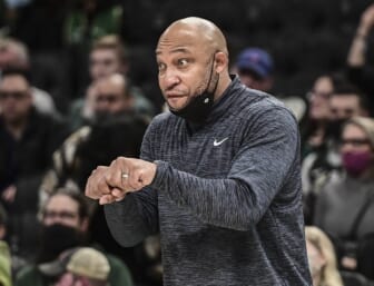 Jan 5, 2022; Milwaukee, Wisconsin, USA;  Milwaukee Bucks' acting head coach Darvin Ham gestures to his team in the fourth quarter during the game against the Toronto Raptors at Fiserv Forum. Mandatory Credit: Benny Sieu-USA TODAY Sports
