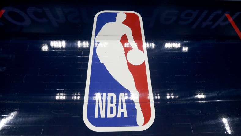 Jan 6, 2022; New Orleans, Louisiana, USA; The NBA logo on the floor before the game between the New Orleans Pelicans and the Golden State Warriors at the Smoothie King Center. Mandatory Credit: Chuck Cook-USA TODAY Sports