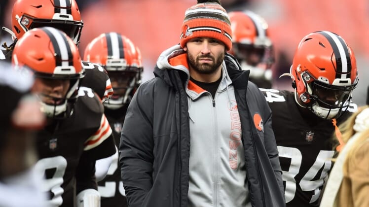 Jan 9, 2022; Cleveland, Ohio, USA; Cleveland Browns quarterback Baker Mayfield (6) walks off the field with the team before the game between the Browns and the Cincinnati Bengals at FirstEnergy Stadium. Mandatory Credit: Ken Blaze-USA TODAY Sports