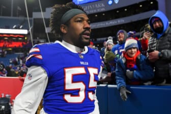 Jan 9, 2022; Orchard Park, New York, USA; Buffalo Bills defensive end Jerry Hughes (55) walks off the field following the game against the New York Jets at Highmark Stadium. Mandatory Credit: Rich Barnes-USA TODAY Sports