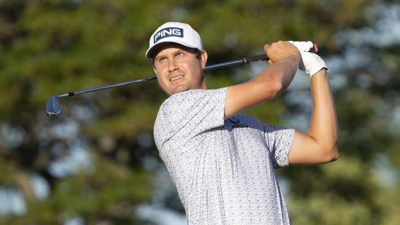 January 13, 2022; Honolulu, Hawaii, USA; Harris English hits his tee shot on the 11th hole during the first round of the Sony Open in Hawaii golf tournament at Waialae Country Club. Mandatory Credit: Kyle Terada-USA TODAY Sports