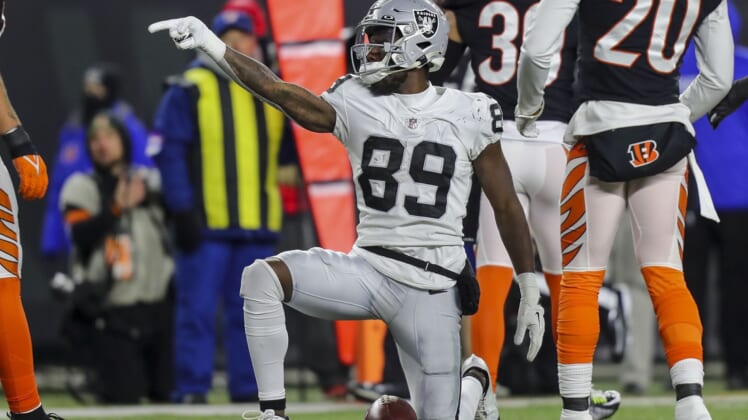Jan 15, 2022; Cincinnati, Ohio, USA; Las Vegas Raiders wide receiver Bryan Edwards (89) reacts after moving the ball forward against the Cincinnati Bengals in the second half in an AFC Wild Card playoff football game at Paul Brown Stadium. Mandatory Credit: Katie Stratman-USA TODAY Sports