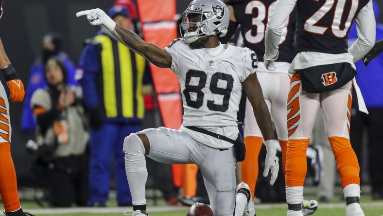 Jan 15, 2022; Cincinnati, Ohio, USA; Las Vegas Raiders wide receiver Bryan Edwards (89) reacts after moving the ball forward against the Cincinnati Bengals in the second half in an AFC Wild Card playoff football game at Paul Brown Stadium. Mandatory Credit: Katie Stratman-USA TODAY Sports