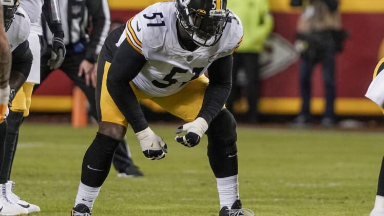 Jan 16, 2022; Kansas City, Missouri, USA; Pittsburgh Steelers guard Trai Turner (51) lines up against the Kansas City Chiefs in an AFC Wild Card playoff football game at GEHA Field at Arrowhead Stadium. Mandatory Credit: Denny Medley-USA TODAY Sports