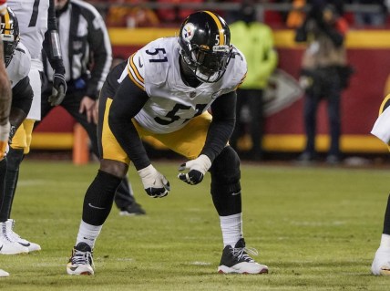Jan 16, 2022; Kansas City, Missouri, USA; Pittsburgh Steelers guard Trai Turner (51) lines up against the Kansas City Chiefs in an AFC Wild Card playoff football game at GEHA Field at Arrowhead Stadium. Mandatory Credit: Denny Medley-USA TODAY Sports