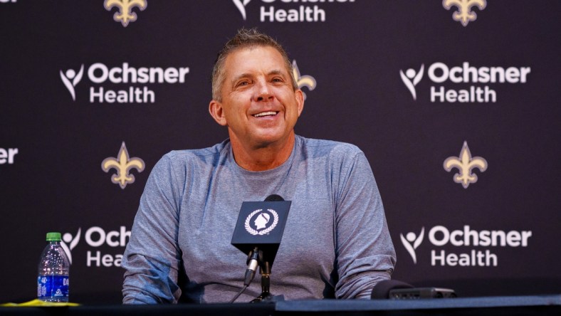 Jan 25, 2022; Metairie, LA, USA;  New Orleans Saints head coach Sean Payton speaks during a press conference at Ochsner Sports Performance Center. Mandatory Credit: Andrew Wevers-USA TODAY Sports