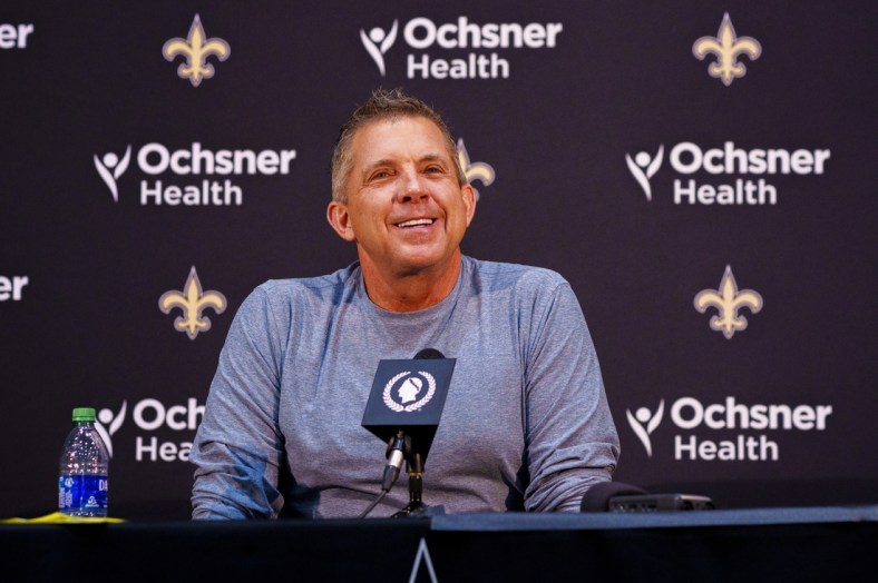 Jan 25, 2022; Metairie, LA, USA;  New Orleans Saints head coach Sean Payton speaks during a press conference at Ochsner Sports Performance Center. Mandatory Credit: Andrew Wevers-USA TODAY Sports