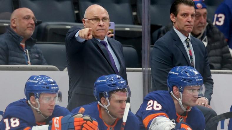 Jan 27, 2022; Elmont, New York, USA; New York Islanders head coach Barry Trotz coaches his team against the Los Angeles Kings during the third period at UBS Arena. Mandatory Credit: Brad Penner-USA TODAY Sports