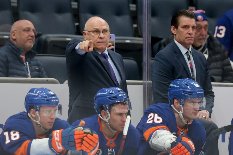 Jan 27, 2022; Elmont, New York, USA; New York Islanders head coach Barry Trotz coaches his team against the Los Angeles Kings during the third period at UBS Arena. Mandatory Credit: Brad Penner-USA TODAY Sports