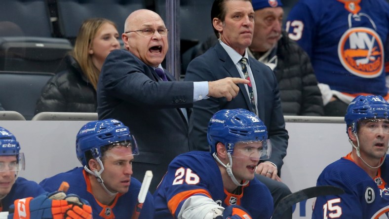 Jan 27, 2022; Elmont, New York, USA; New York Islanders head coach Barry Trotz coaches his team against the Los Angeles Kings during the third period at UBS Arena. Mandatory Credit: Brad Penner-USA TODAY Sports