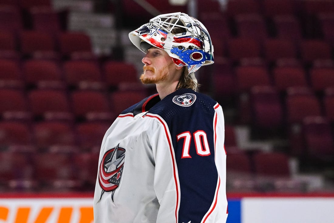 Jan 30, 2022; Montreal, Quebec, CAN; Columbus Blue Jackets goalie Joonas Korpisalo (70) during the second period at Bell Centre. Mandatory Credit: David Kirouac-USA TODAY Sports