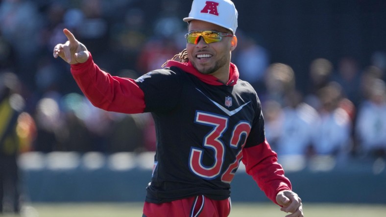 Feb 3, 2022; Las Vegas, NV, USA; Kansas City Chiefs safety Tyrann Mathieu (32) during AFC practice for the Pro Bowl at Las Vegas Ballpark.  Mandatory Credit: Kirby Lee-USA TODAY Sports