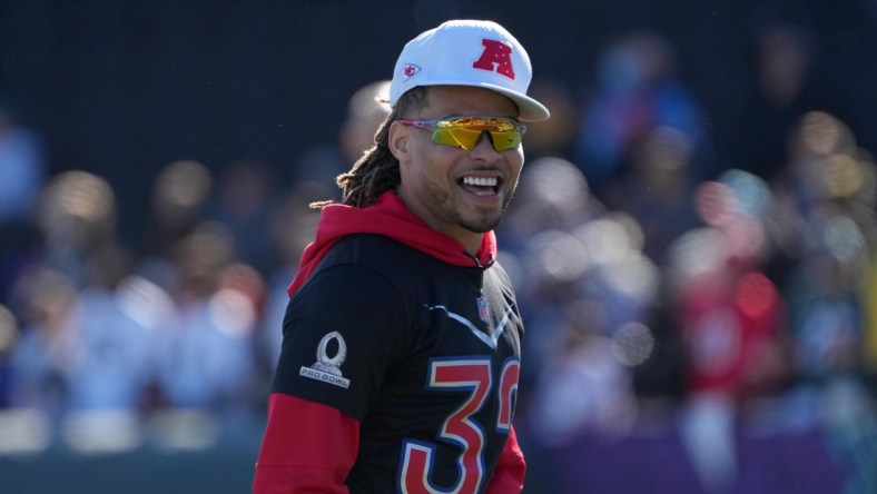 Feb 3, 2022; Las Vegas, NV, USA; Kansas City Chiefs safety Tyrann Mathieu (32) during AFC practice for the Pro Bowl at Las Vegas Ballpark.  Mandatory Credit: Kirby Lee-USA TODAY Sports