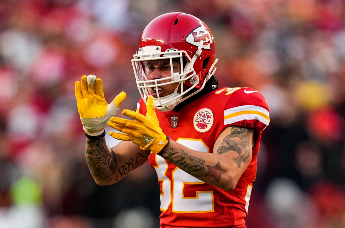 Jan 30, 2022; Kansas City, Missouri, USA; Kansas City Chiefs free safety Tyrann Mathieu (32) celebrates during the second half of the AFC Championship game against the Cincinnati Bengals at GEHA Field at Arrowhead Stadium. Mandatory Credit: Jay Biggerstaff-USA TODAY Sports