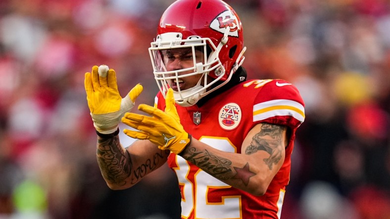 Jan 30, 2022; Kansas City, Missouri, USA; Kansas City Chiefs free safety Tyrann Mathieu (32) celebrates during the second half of the AFC Championship game against the Cincinnati Bengals at GEHA Field at Arrowhead Stadium. Mandatory Credit: Jay Biggerstaff-USA TODAY Sports