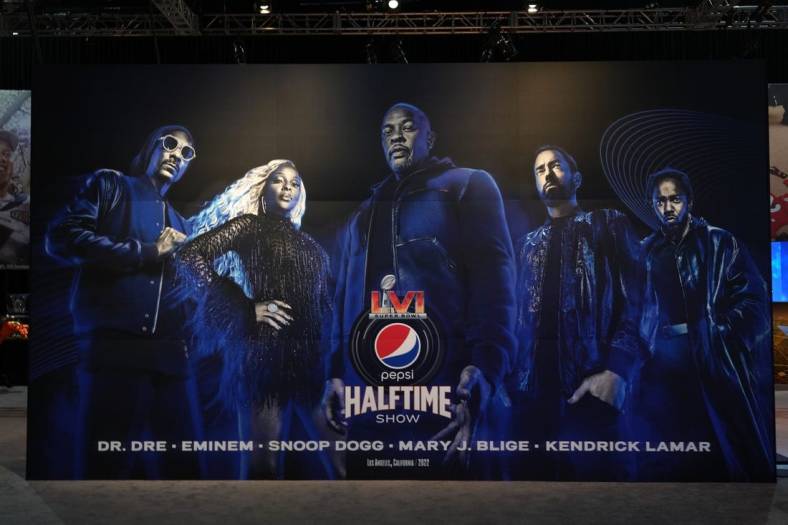 Feb 7, 2022; Los Angeles, CA, USA; A display for the Super Bowl LVI Pepsi Halftime show featuring Dr. Dre, Eminem, Snoop Dogg, Mary J. Blige and Kendrick Lamar at the Super Bowl LVI Experience at the Los Angeles Convention Center. Mandatory Credit: Kirby Lee-USA TODAY Sports