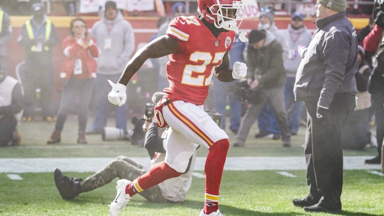 Jan 30, 2022; Kansas City, Missouri, USA; Kansas City Chiefs cornerback Rashad Fenton (27) takes the field against the Cincinnati Bengals before the AFC Championship game at GEHA Field at Arrowhead Stadium. Mandatory Credit: Denny Medley-USA TODAY Sports