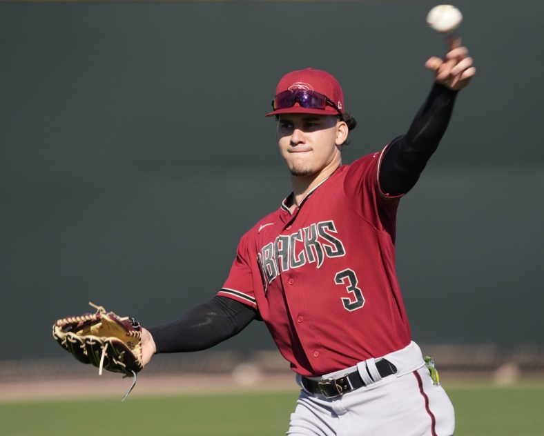 Feb 21, 2022; Scottsdale, Ariz., U.S.;  Diamondbacks minor league outfielder Alek Thomas throws during a select training camp for minor-league players not covered by the Players Association at Salt River Fields. MLB continues to be in a lockout after the expiration of the collective bargaining agreement Dec. 2. Mandatory Credit: Michael Chow-Arizona Republic

Baseball Diamondbacks Select Minor League Camp