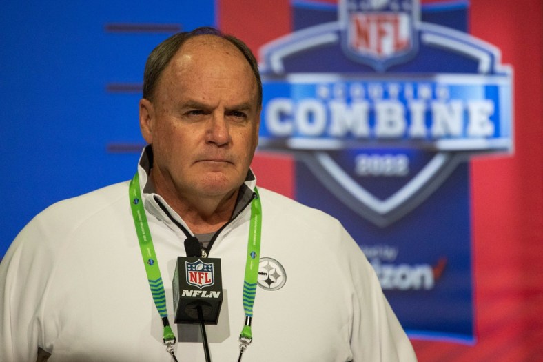 Mar 1, 2022; Indianapolis, IN, USA; Pittsburg Steelers general manager Kevin Colbert talks to the media during the 2022 NFL Combine. Mandatory Credit: Trevor Ruszkowski-USA TODAY Sports