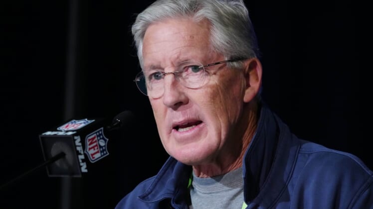 Mar 2, 2022; Indianapolis, IN, USA; Seattle Seahawks coach Pete Carroll during the NFL Combine at the Indiana Convention Center. Mandatory Credit: Kirby Lee-USA TODAY Sports
