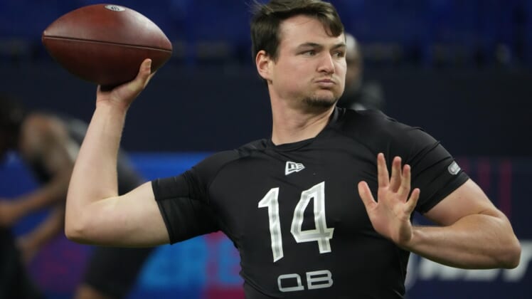 (EDITORS NOTE: caption correction, player mis-spelled in original) Mar 3, 2022; Indianapolis, IN, USA; Nevada quarterback Carson Strong (QB14) goes through drills during the 2022 NFL Scouting Combine at Lucas Oil Stadium. Mandatory Credit: Kirby Lee-USA TODAY Sports