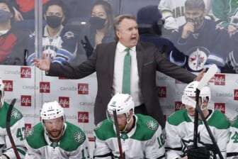Mar 4, 2022; Winnipeg, Manitoba, CAN;  Dallas Stars Head Coach Rick Bowness gestures in the third period against the Winnipeg Jets at Canada Life Centre. Mandatory Credit: James Carey Lauder-USA TODAY Sports