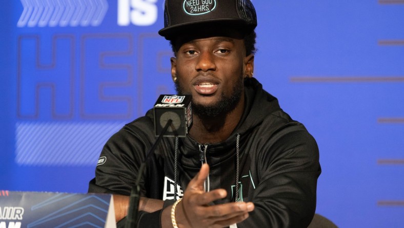 Mar 5, 2022; Indianapolis, IN, USA; Florida defensive back Kaiir Elam (DB09) talks to the media during the 2022 NFL Scouting Combine at Lucas Oil Stadium. Mandatory Credit: Trevor Ruszkowski-USA TODAY Sports