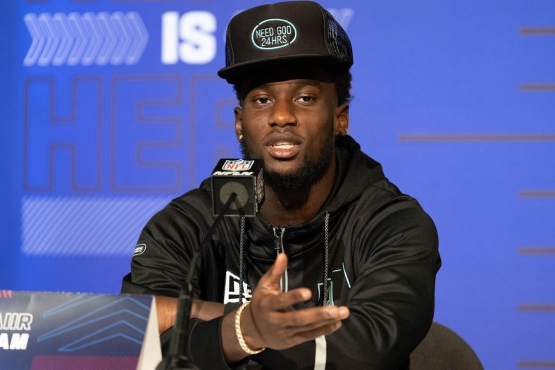 Mar 5, 2022; Indianapolis, IN, USA; Florida defensive back Kaiir Elam (DB09) talks to the media during the 2022 NFL Scouting Combine at Lucas Oil Stadium. Mandatory Credit: Trevor Ruszkowski-USA TODAY Sports