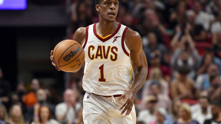 Mar 11, 2022; Miami, Florida, USA; Cleveland Cavaliers guard Rajon Rondo (1) brings the ball up the court during the second half against the Miami Heat at FTX Arena. Mandatory Credit: Jim Rassol-USA TODAY Sports