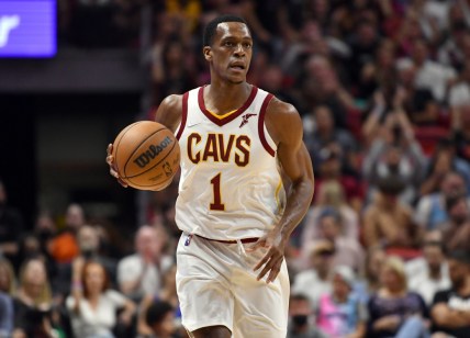 Mar 11, 2022; Miami, Florida, USA; Cleveland Cavaliers guard Rajon Rondo (1) brings the ball up the court during the second half against the Miami Heat at FTX Arena. Mandatory Credit: Jim Rassol-USA TODAY Sports