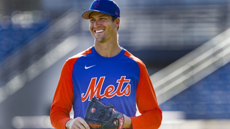 Mar 13, 2022; Port St. Lucie, FL, USA; New York Mets starting pitcher Jacob deGrom (48) reacts after working out during spring training. Mandatory Credit: Sam Navarro-USA TODAY Sports